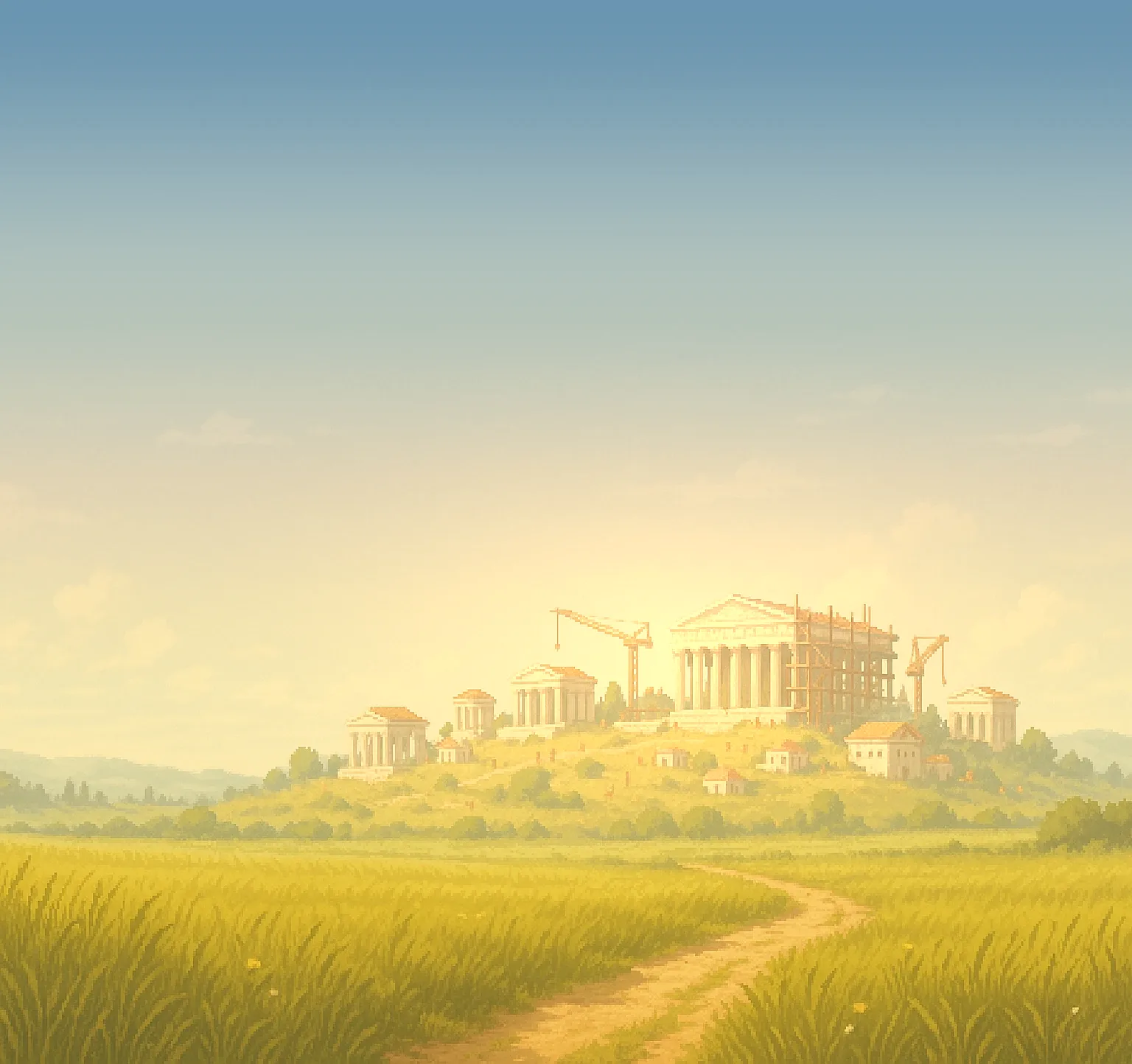 The painted Greek city on its hill at golden hour, across a field of tall grass
